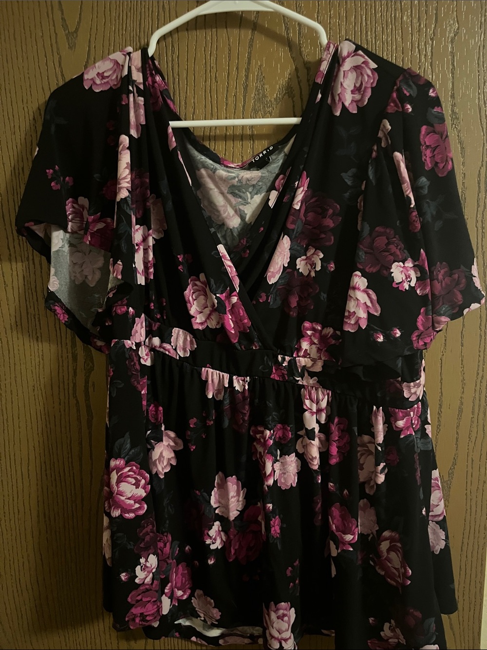 torrid Black Floral Surplice Peplum Top with Pink Roses